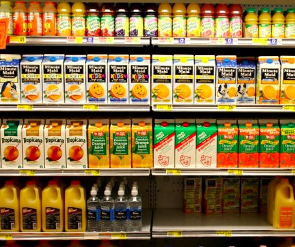 bottles of juice on shelves